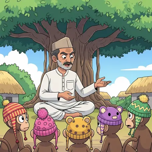 South Asian Village Man Scolding Monkeys under Tree