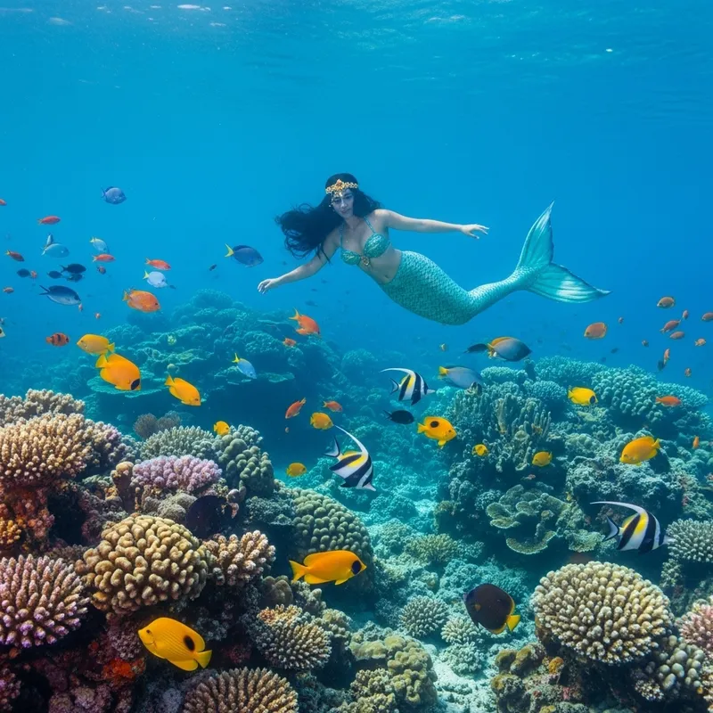 Enchanting Underwater Mermaid in Vibrant Coral Reef Scene Enchanting Underwater Mermaid in Vibrant Coral Reef Scene