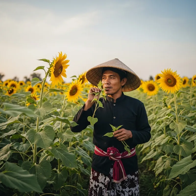 Sundanese Farmer in Bandung Eating Sunflower Plants, Oil Painting Sundanese Farmer in Bandung Eating Sunflower Plants, Oil Painting