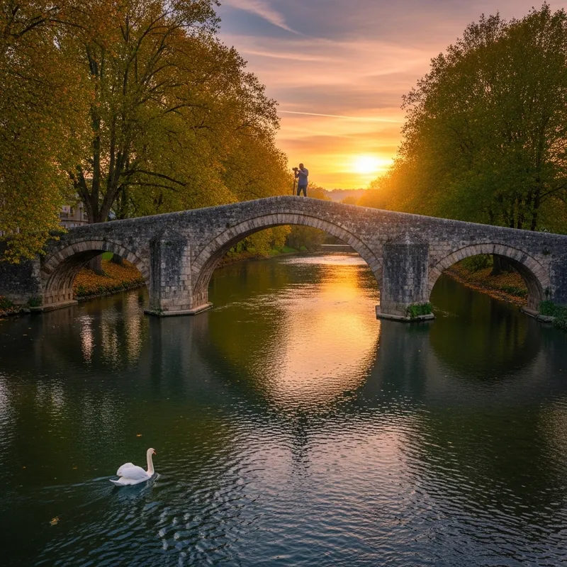 Serene Autumn Landscape Photography with Stone Bridge and Swan