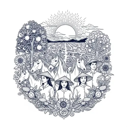 Enchanting Nusantara Orchard: Intricate Line Drawing in Navy Palette