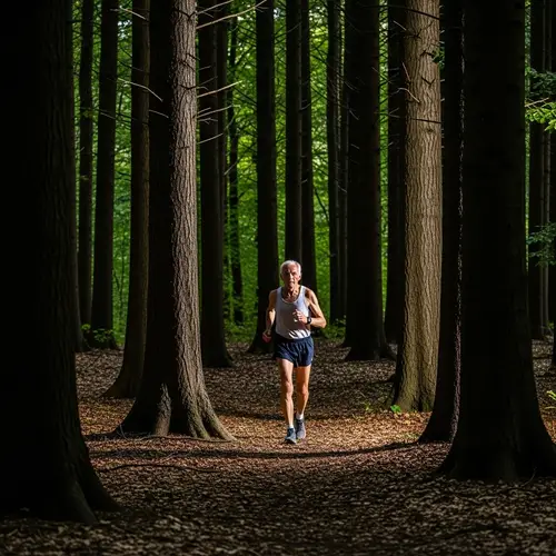 Elderly Man Jogging in Dense Forest - Vitality in Nature