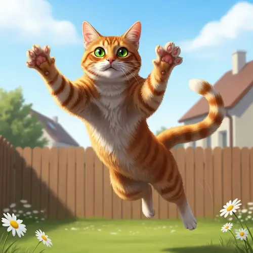 Vibrant Orange Cat Leaping Playfully in Sunny Yard