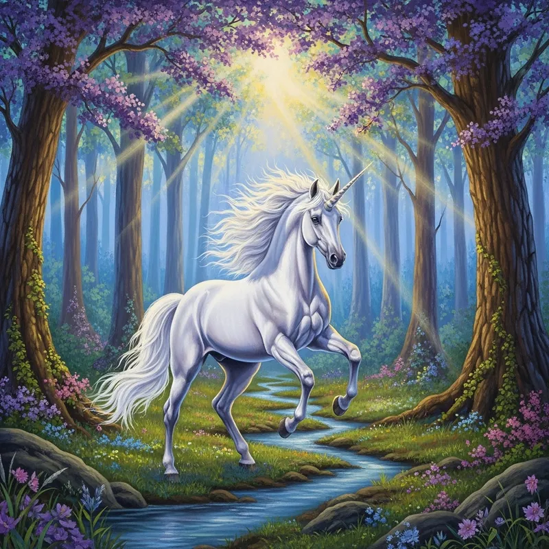 Majestic Unicorn in Enchanted Forest Art Majestic Unicorn in Enchanted Forest Art