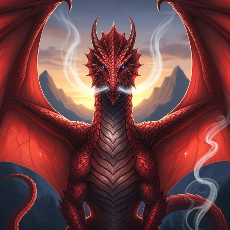 Majestic Red Dragon with Blue Eyes and Intricate Wings