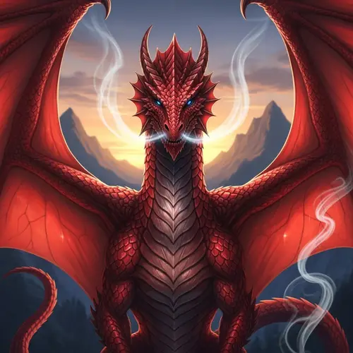 Majestic Red Dragon with Piercing Blue Eyes and Intricate Wings