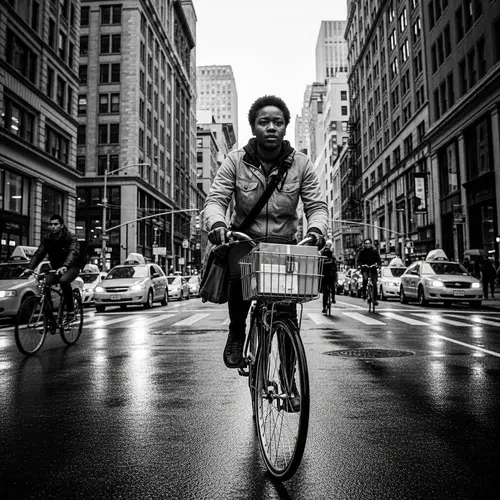 Black Female Delivery Person on Bicycle in City Streets