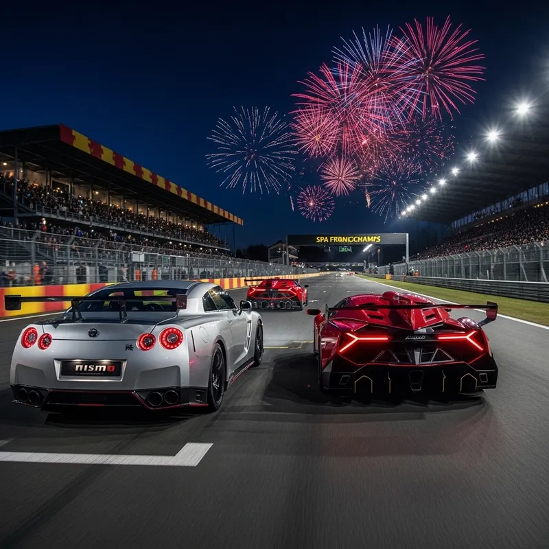 Spa Franchorchamp New Year Midnight Race: Nissan GTR R35 Nismo vs. Lamborghini Veneno Spa Franchorchamp New Year Midnight Race: Nissan GTR R35 Nismo vs. Lamborghini Veneno