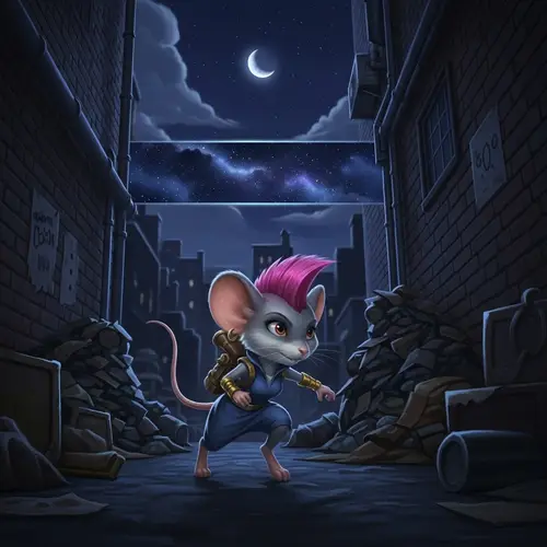 Daring Pink Mohawk Mouse in Dark Alley - Mystery & Intrigue