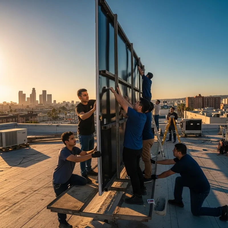Vibrant Urban Scene: Workers Assembling Billboard on Dollar Store Roof