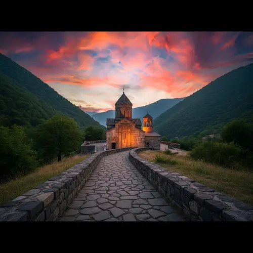 Tranquil Evening Landscape with Old Stone-Built Religious Structure