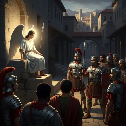 Ancient Israel Scene: Angel at Dawn with Roman Soldiers