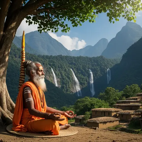 Hindu Sadhu Meditating Under Tree with Scenic Backdrop