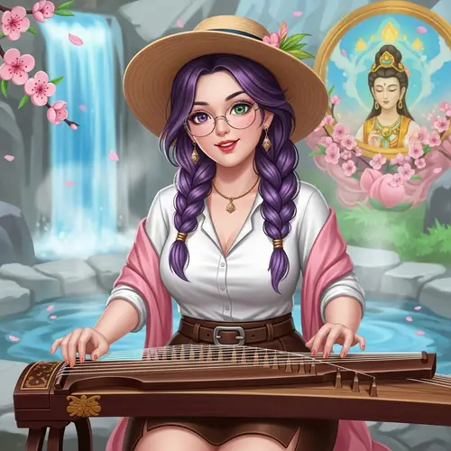Unique Asian Beauty with Guzheng, Waterfall, and Goddess