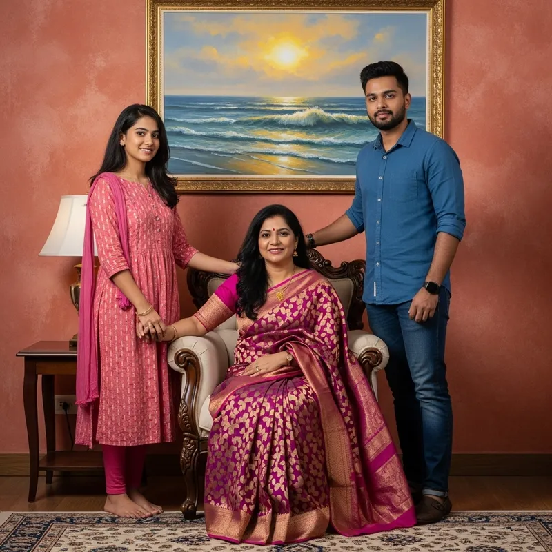 Vibrant Family Portrait: Indian Mother, Son, Daughter in Luxurious Setting