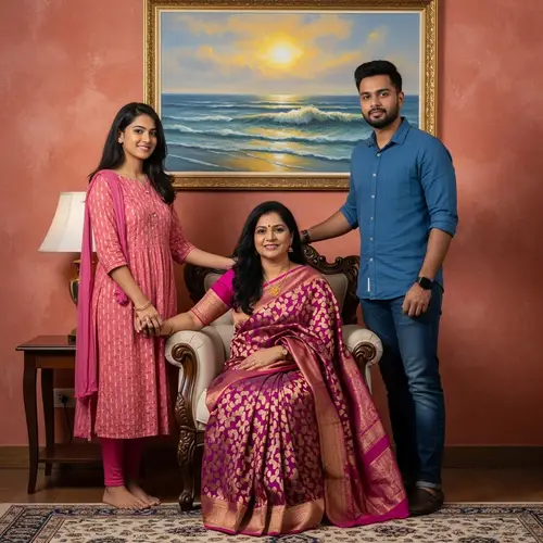 Family Portrait: Indian Mother, Son, and Daughter in Vibrant Room