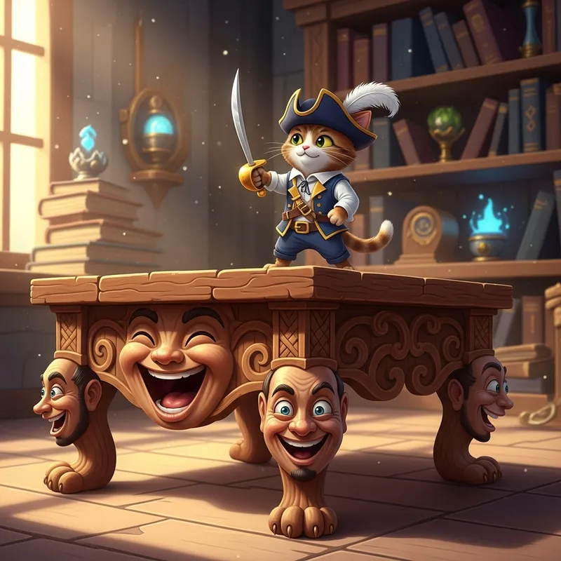 Cat with Sword and Laughing Table - A Playful Scene