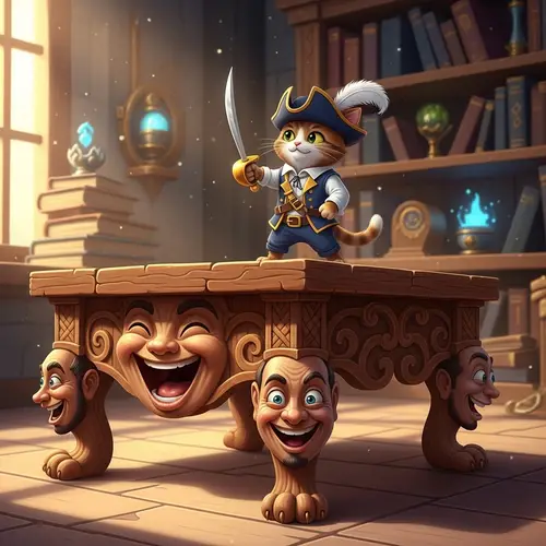 Cat with Sword and Laughing Table - A Playful Scene