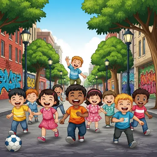 Diverse Kids Playing in Urban Street Scene | Joyful Illustration