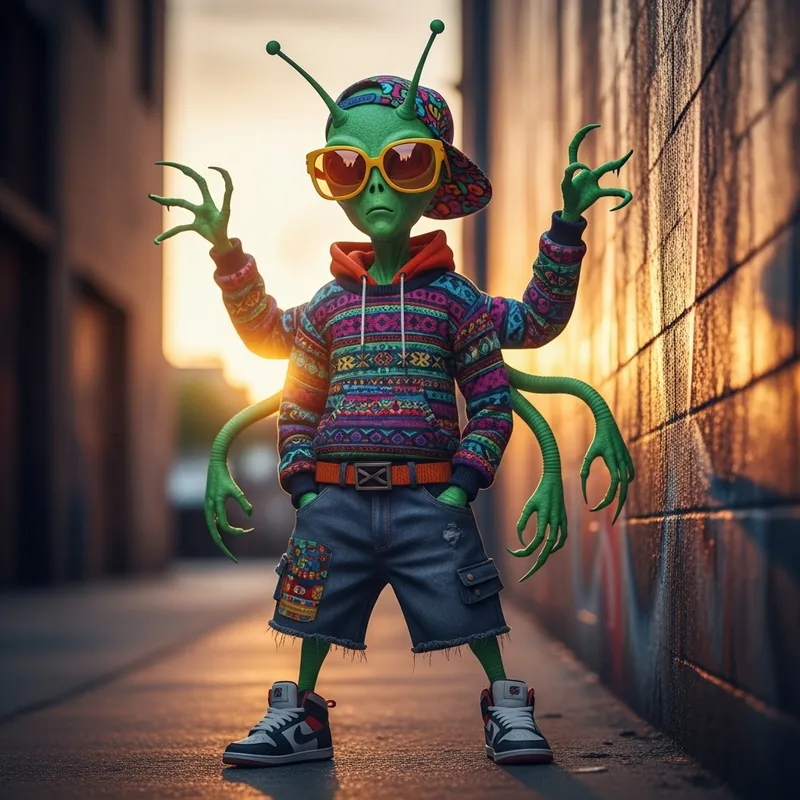 Fashionable Alien in Bad Bunny-Inspired Streetwear