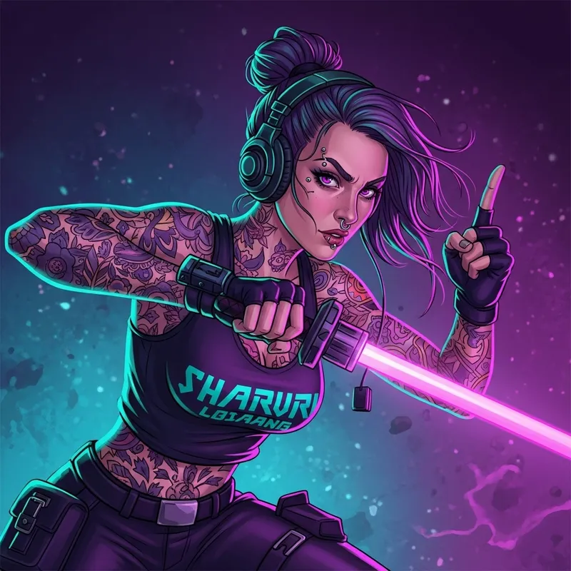 Tattooed Gamer Girl in Dynamic Cyberpunk Battle