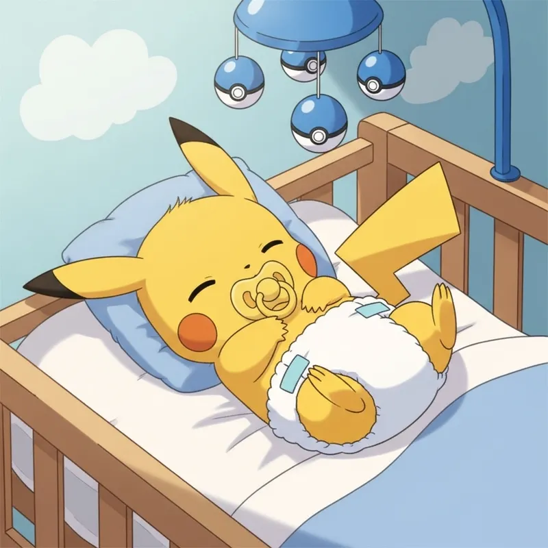 Newborn Pikachu Sleeping in Crib | Diaper & Pacifier - Cute Baby Cartoon