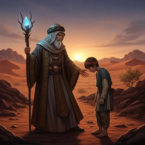 Middle-Eastern Wizard Chastising Young Boy in Pre-Islamic Arabia
