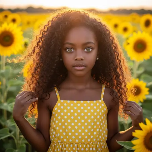 Radiant Black Girl in Sunflower Field - Serene Beauty Portrait