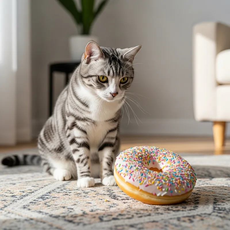 Curious Cat Enjoying Sweet Donut on Stylish Rug Curious Cat Enjoying Sweet Donut on Stylish Rug