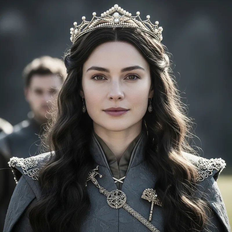 Regal Targaryen Woman with Wavy Dark Hair & Pearl Diadem