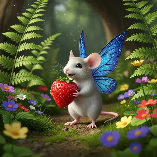 Enchanted Fairy Mouse Biting a Strawberry