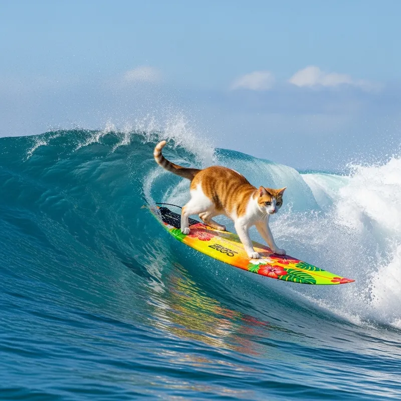 Surfing Cat: A Paw-some Ride on Sunny Waves Surfing Cat: A Paw-some Ride on Sunny Waves