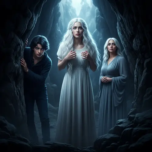 Dark Fantasy Cave Scene | Haunting Silhouettes & Ethereal Lighting