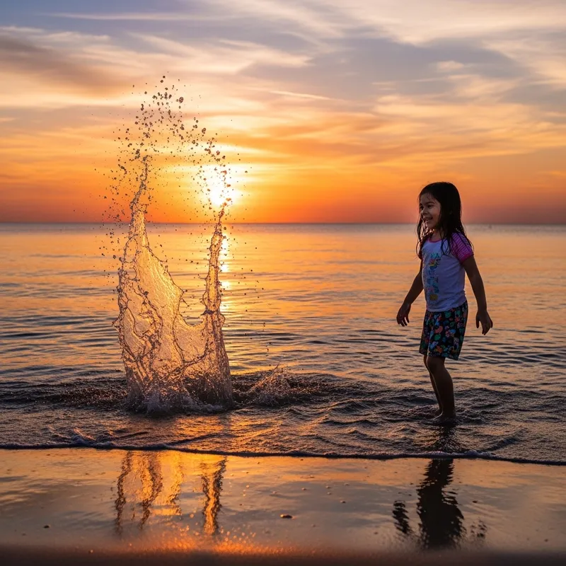 Girl Enjoying Sunset on Beach with Water Splash
