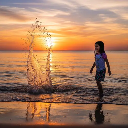 Hispanic Girl Standing on Sandy Beach at Sunset