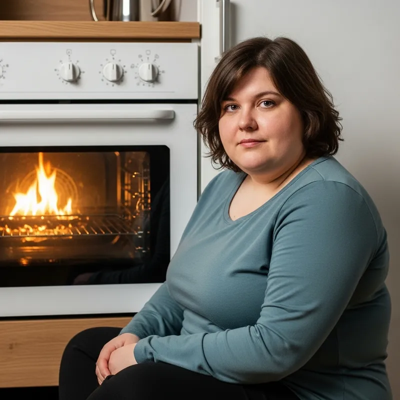 Obese Person with Brown Hair Sitting by the Stove