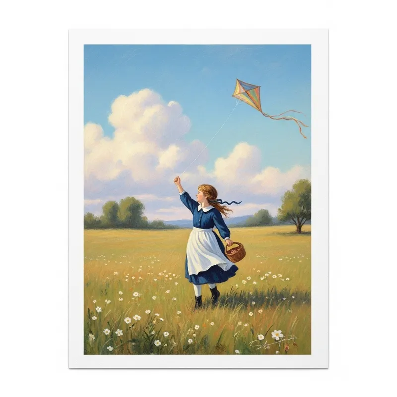 Whimsical Illustration of Young Girl with Kite in Pastel Colors Whimsical Illustration of Young Girl with Kite in Pastel Colors
