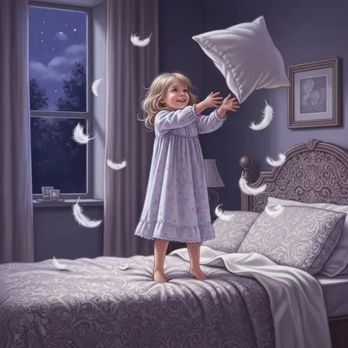 Whimsical Nighttime Fantasy with Blonde Girl on Bed