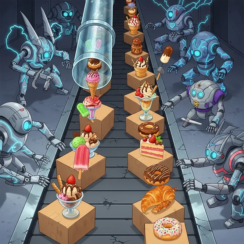 Anime Style Ice Cream Factory with Robotic Conveyors