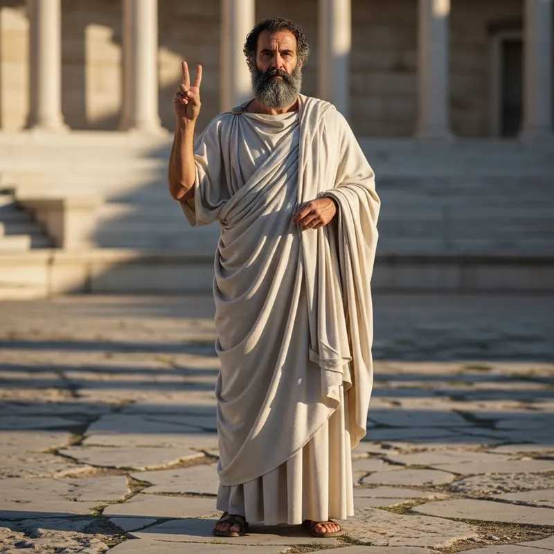 Aristotle Making Peace Sign, Full Body Shot, Standing