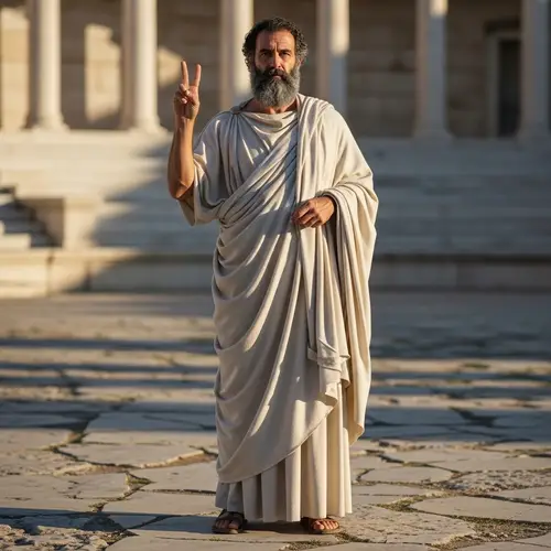 Ancient Greek Philosopher in Long Robe Making Peace Sign