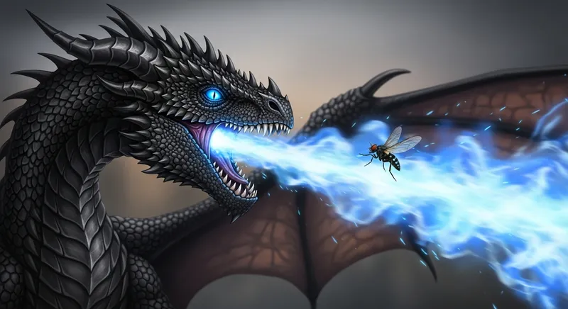 Dark Juvenile Dragon Spewing Blue Fire at a Tiny Fly
