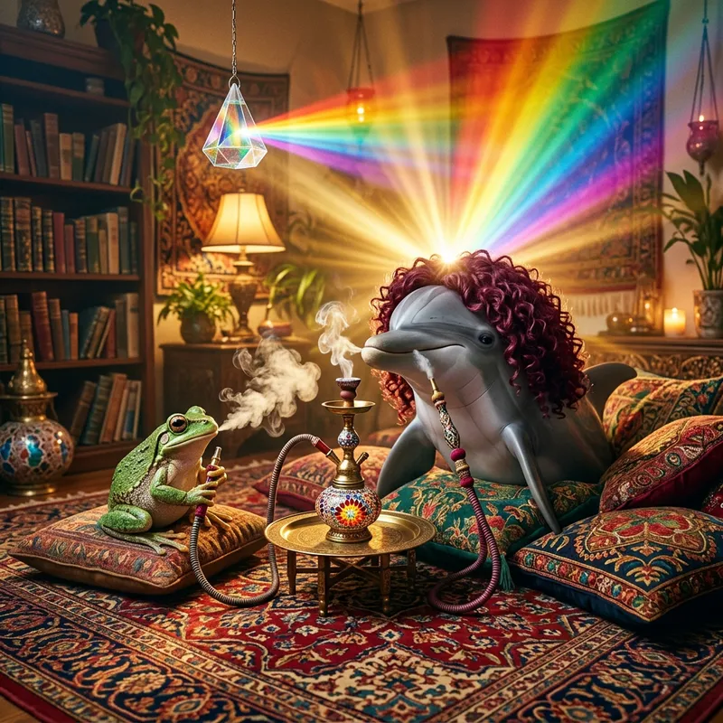 Wise Dolphin and Frog Conversing on Carpet with Hookah Wise Dolphin and Frog Conversing on Carpet with Hookah