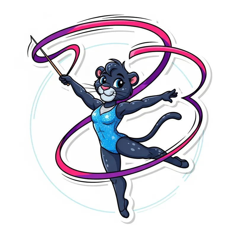 Cute Panther Gymnast Sticker with Ribbon | Cartoon Art Cute Panther Gymnast Sticker with Ribbon | Cartoon Art