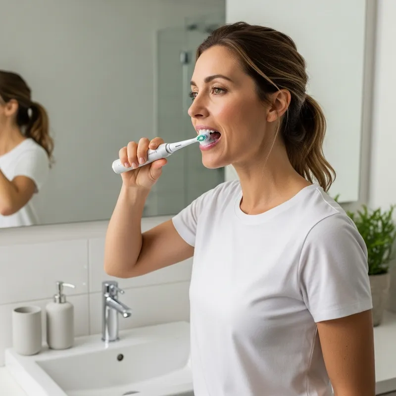 Caucasian Woman Brushing Teeth with Philips Electric Toothbrush