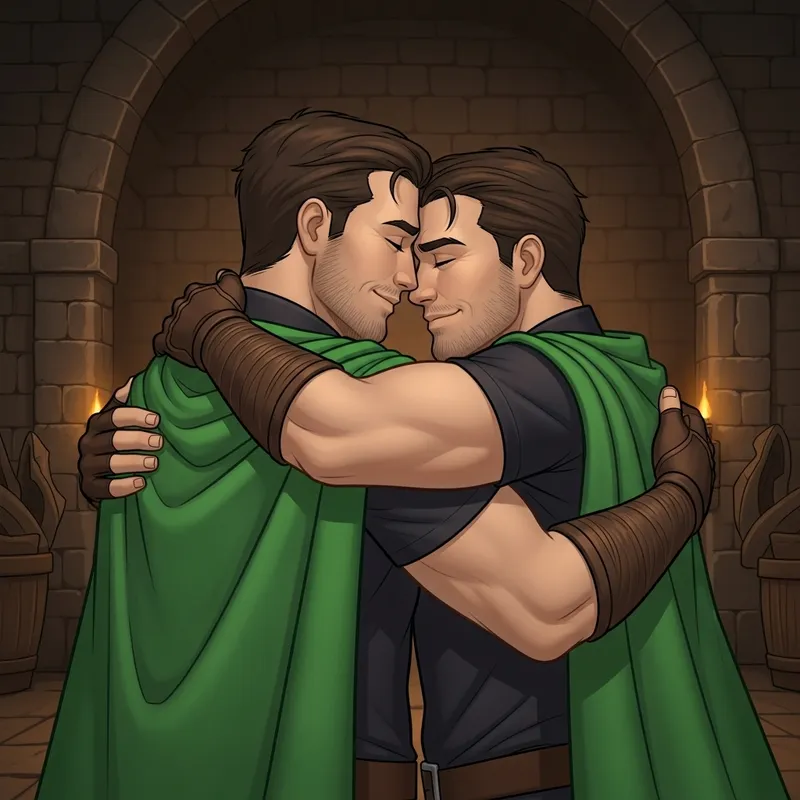 Passionate Embrace of Muscular White Princes in Emerald Green Capes
