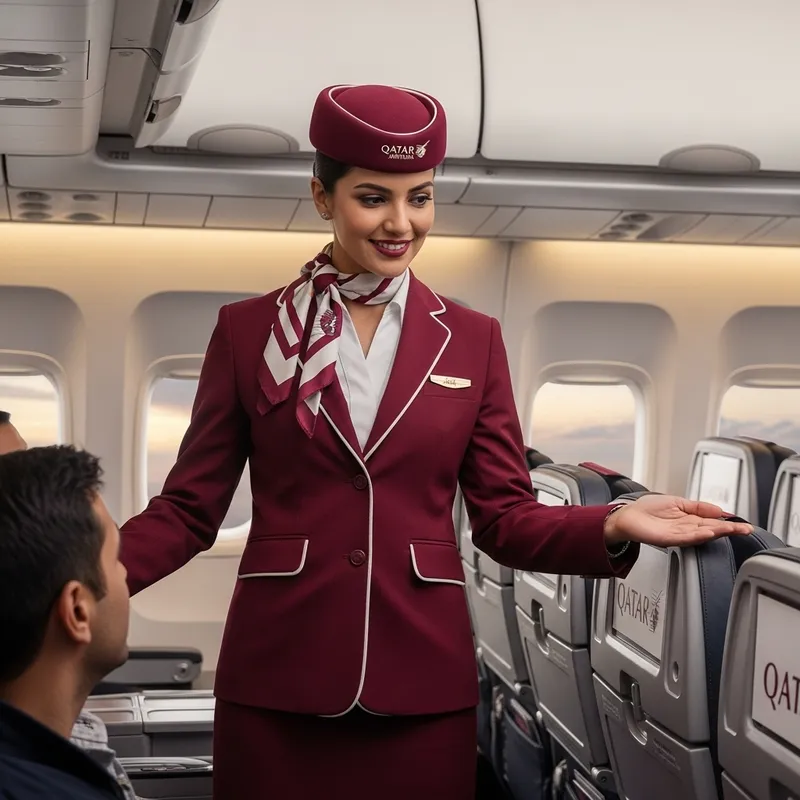 Experienced Qatar Airways Cabin Crew in Elegant Maroon Uniform