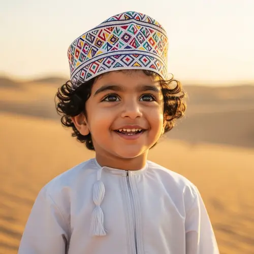 Joyful Young Omani Child in Traditional Attire | Golden Desert Landscape