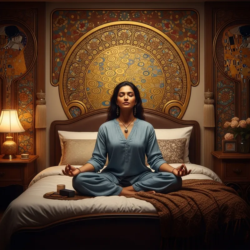 Serene Woman Meditating in Artistic Bedroom
