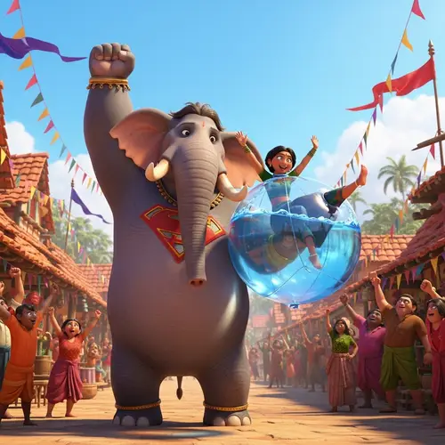 Disney Pixar Style Mythological Super-Elephant Hero Saves Indian Woman